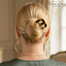 Load image into Gallery viewer, French Amie Tri Prongs 3" Medium Handmade Cellulose Bun Holder Women Hair Pin: Onyx