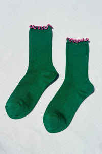 Ruffled Modal Socks: Spinach / Pink Edge