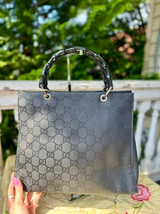 GUCCI GG Black Nylon Bamboo Tote