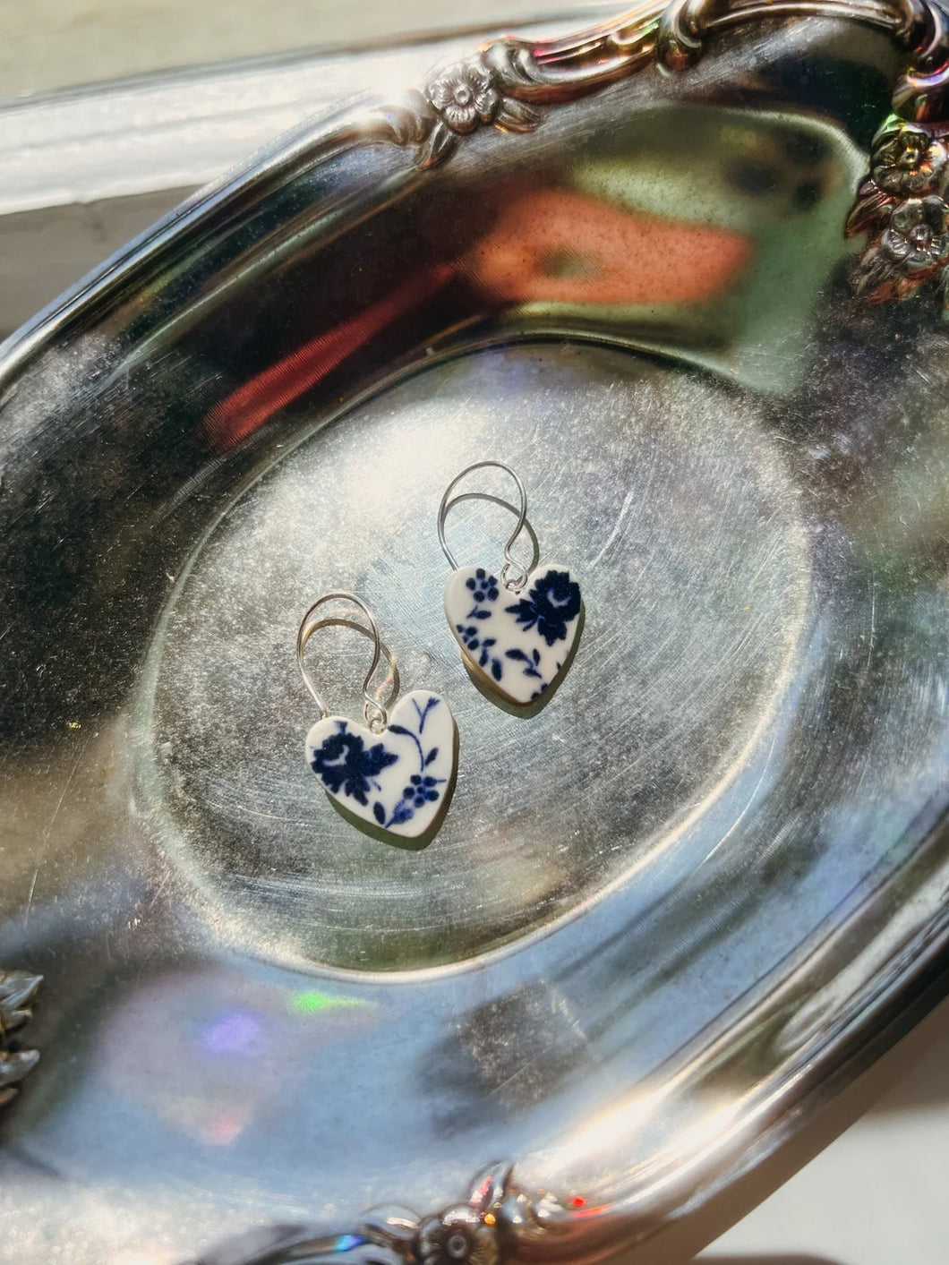 Toile Flower Garden Porcelain Heart Earrings