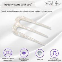 Load image into Gallery viewer, French Amie Tri Prongs 3" Medium Handmade Cellulose Bun Holder Women Hair Pin: Onyx