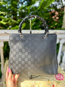 GUCCI GG Black Nylon Bamboo Tote