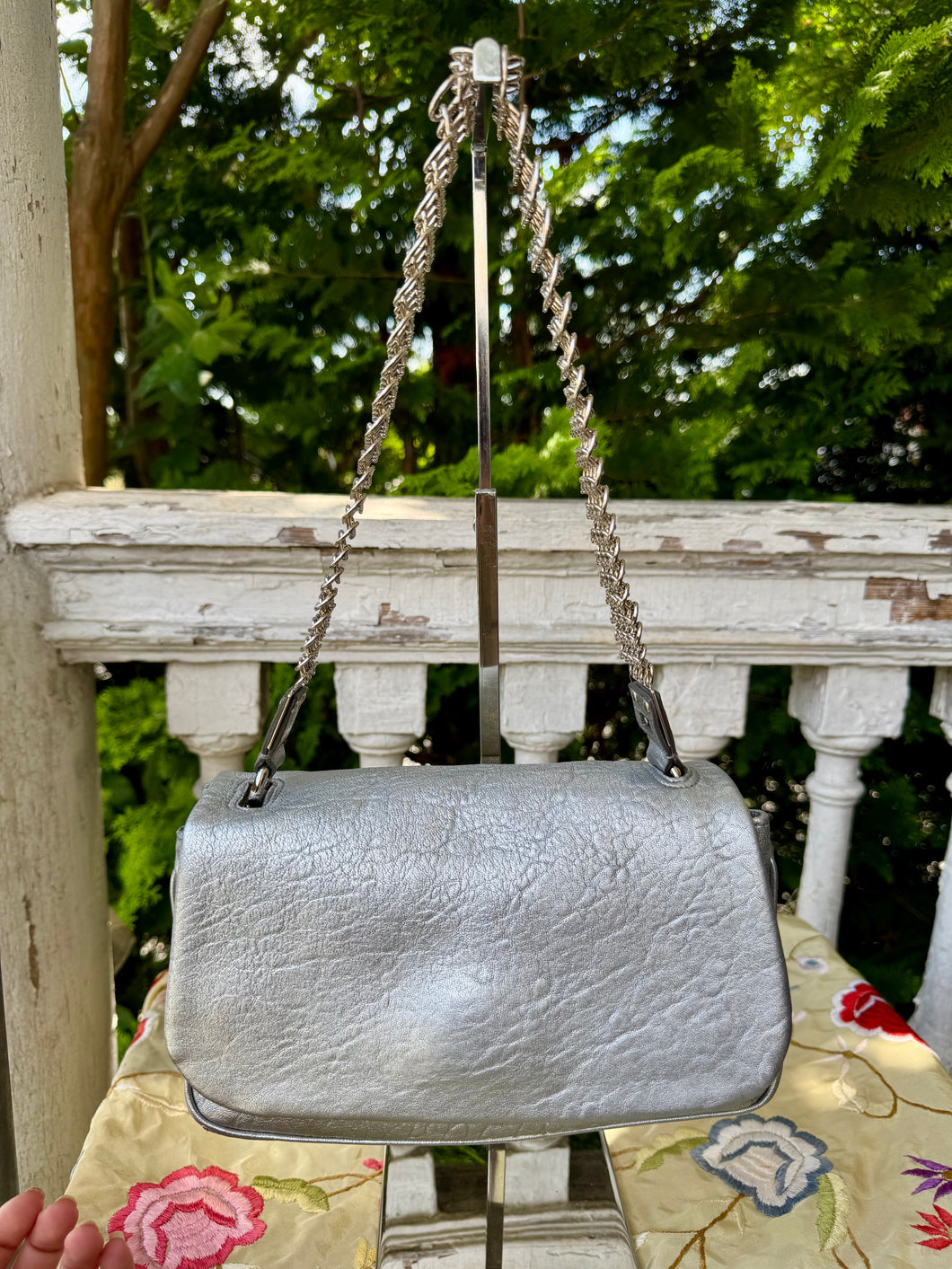 YVES SAINT LAURENT Silver Leather + Mesh Strap Bag