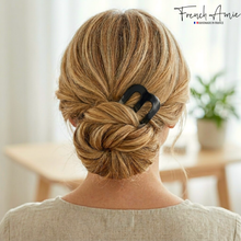 Load image into Gallery viewer, French Amie Tri Prongs 3" Medium Handmade Cellulose Bun Holder Women Hair Pin: Onyx