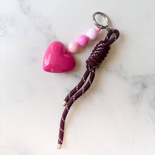 Burgundy Rope Bag Charm with Pink Heart