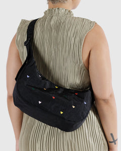 Medium Nylon Crescent Bag - Embroidered Hearts