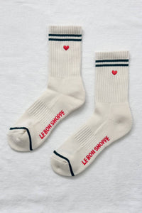 Embroidered Boyfriend Socks: Parchment + Heart