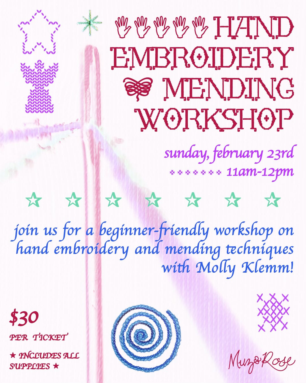 Hand Embroidery Mending Workshop w/ Molly Klemm