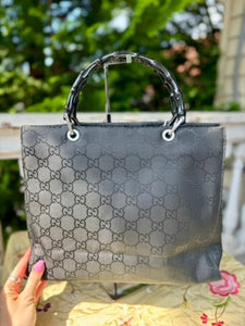 GUCCI GG Black Nylon Bamboo Tote