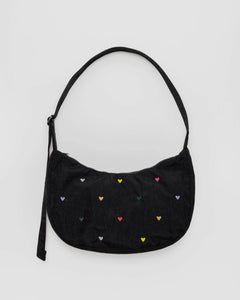 Medium Nylon Crescent Bag - Embroidered Hearts