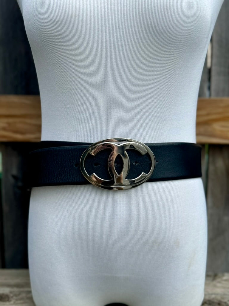 CHANEL 00's Black Calfskin Sliver CC Buckle Belt (95/38)