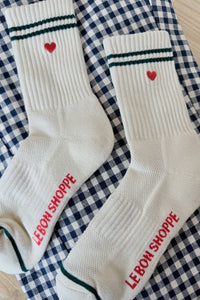 Embroidered Boyfriend Socks: Parchment + Heart