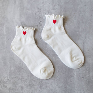 Red Heart Ruffle Ankle Socks: White