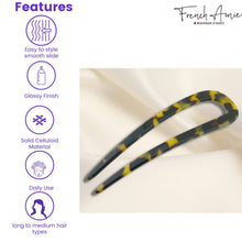 Load image into Gallery viewer, French Amie Slick Large Handmade Cellulose Chignon U Hair Pin Stick for Women: Silver Onyx