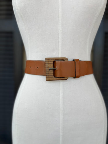 Tan Leather + Wood Buckle Waist Belt [XS]