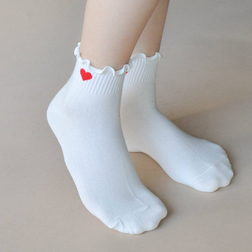Red Heart Ruffle Ankle Socks: White