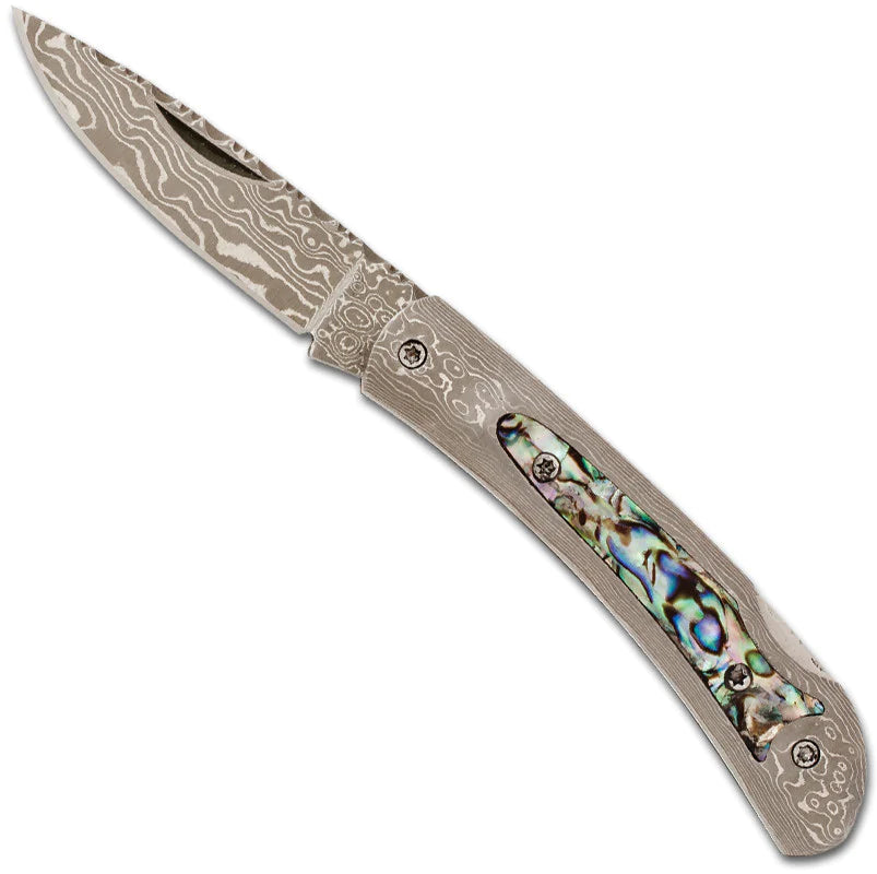 Damascus Steel Frame Pocket Knife with Abalone Inlay